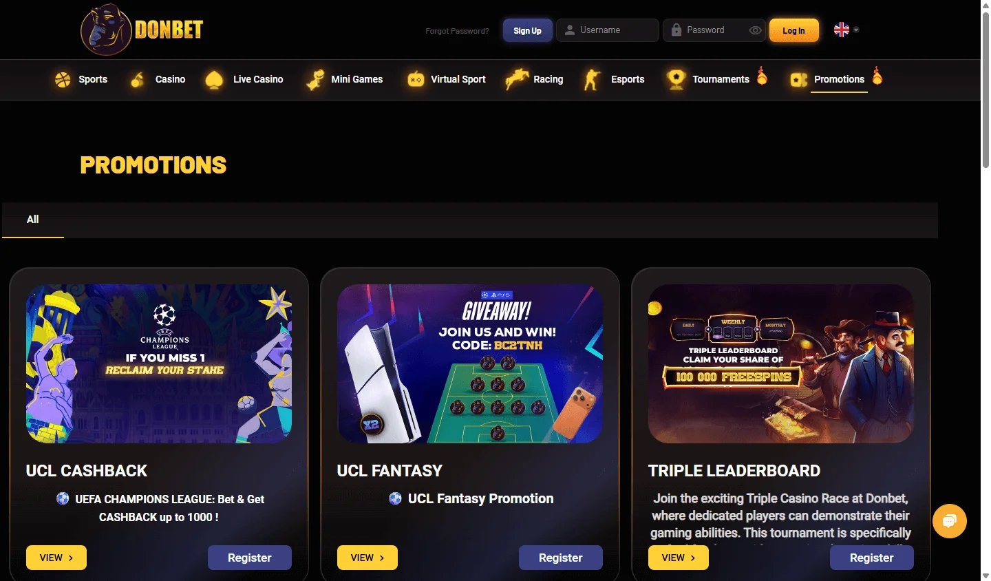 Donbet Casino desktop promotions area
